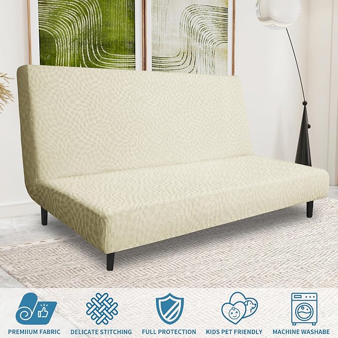 ZNSAYOTX Fashion Futon Cover (67"-82") Stretch Fit Armless Sofa Bed Slipcover, Universal Foldable Sofa Mattress Protector Full Queen Size, Irregular Plaid Texture Jacquard Futon Protector (Beige)