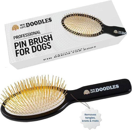 Pin Brush For Dogs, Pet Grooming Detangler Pin Dog Brush, Dog Brush For Shedding and Removing Loose Fur, Wood with Gold Plated Pins for Long Hair Pets