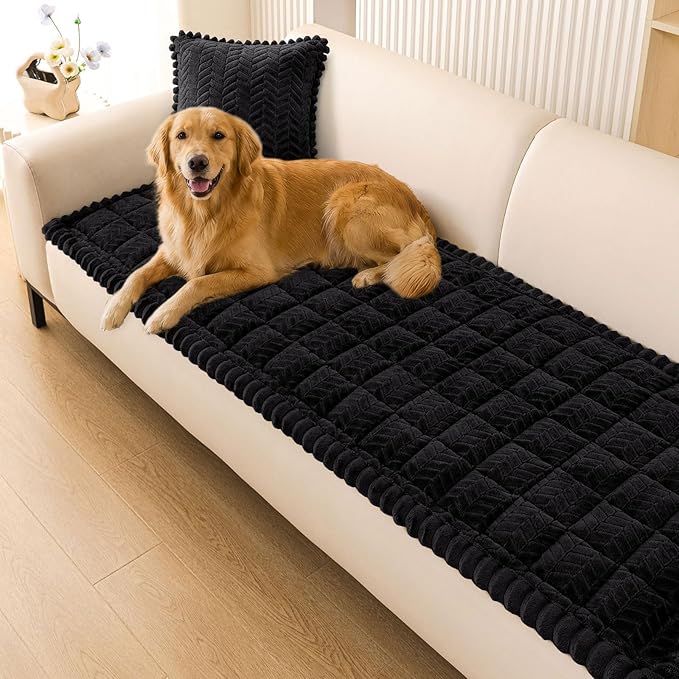 Smiry Non Slip Couch Covers for Dogs, Fuzzy Pet Couch Covers for 4 Cushion Sofa Pet Friendly, Soft Sofa Slipcovers Cushion Furniture Protector Washable (Black, 27.6" x 95")