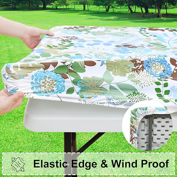 misaya Rectangle Vinyl Tablecloth, Fitted Table Cover, 100% Waterproof, Elastic Edge, Flannel Backing, Table Cloth Fit 6 Foot Folding Tables for Picnic, Outdoor (Leaves, 30x72 inch)