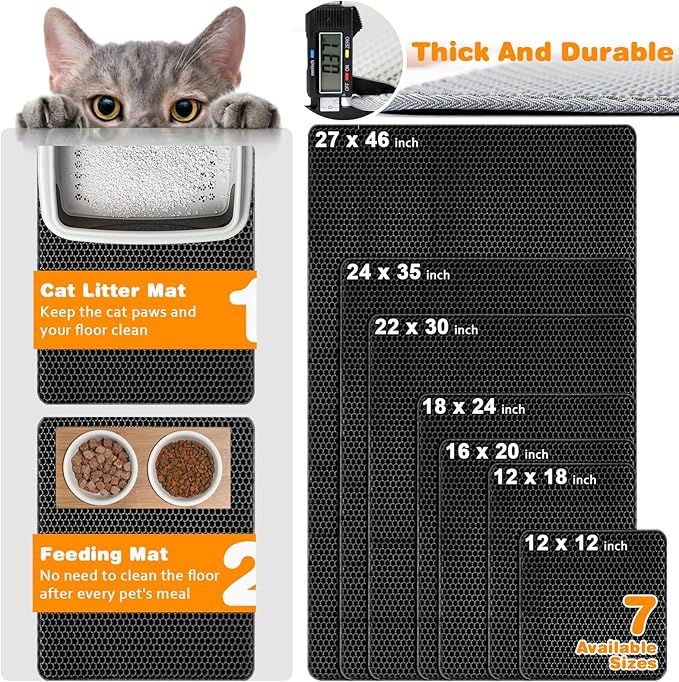 blissstorm Waterproof Cat Litter Mat, Double Layer EVA, Odor-Free Large Grid, Urine Proof, Easy Cleanup (Black, 12 x 12)