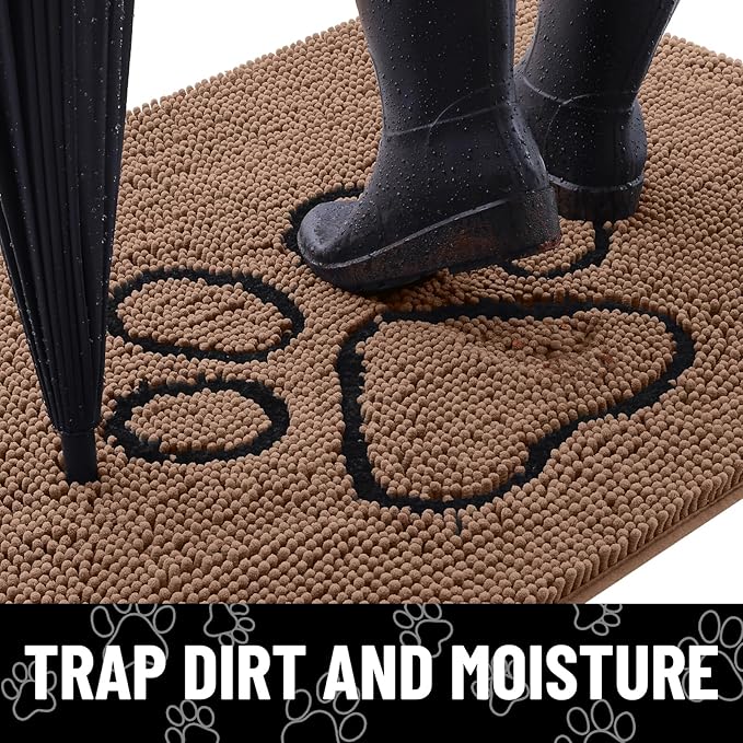 Smiry Dog Door Mat for Muddy Paws, Absorbent Dirt Trapper Non Slip Quick Dry Washable Chenille Mat for Mud Dogs, Entry Rug for Indoor and Outdoor (59x35 Inches, Coffee and Black)