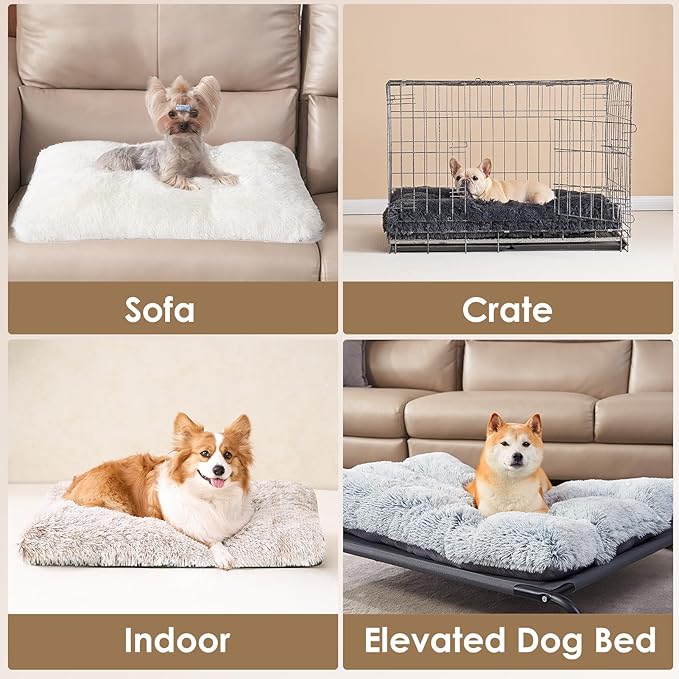 EHEYCIGA Fluffy Dog Crate Bed for Extra Large Dogs, Plush Faux Fur XLP Pad, Calming Anti Anxiety XL Plus Bed for Crate, Washable Soft Warm Dog Mat with Non-Slip Bottom, Brown