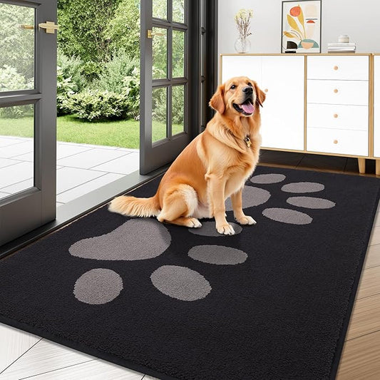 Buganda Dog Door Mat for Muddy Paws, Absorbent Dirt Trapper Washable Indoor Doormats, Non Slip Low-Profile Mud Mat for Dogs, Front Entrance Doormat for Inside Floor (47x32 Inches, Black and Grey)