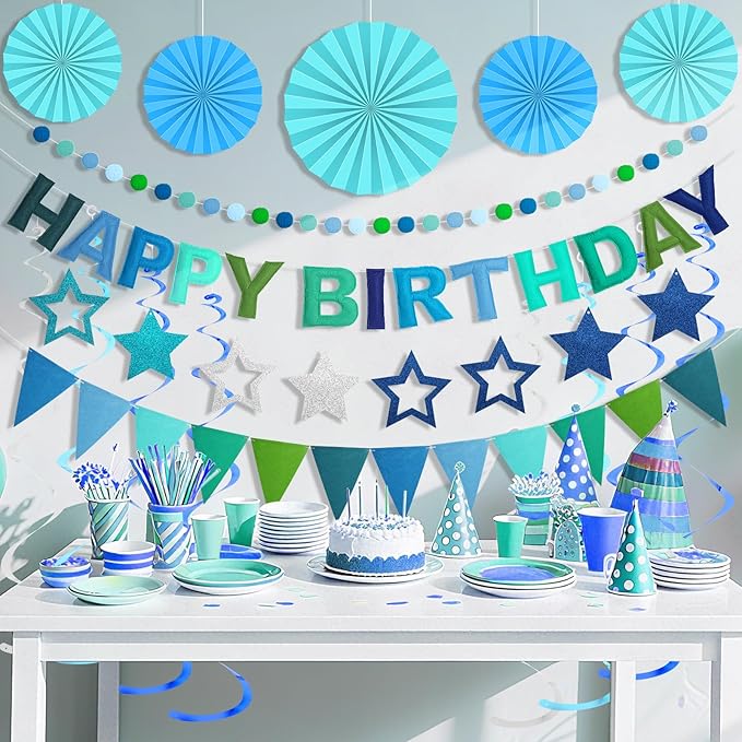 Pre-Strung 3D Felt Happy Birthday Banner, Reusable Blue Birthday Party Decorations for Men, Happy Birthday Sign with Felt Ball Garland, Pennant Flag, Hanging Paper Fans, Star Swirl Streamers