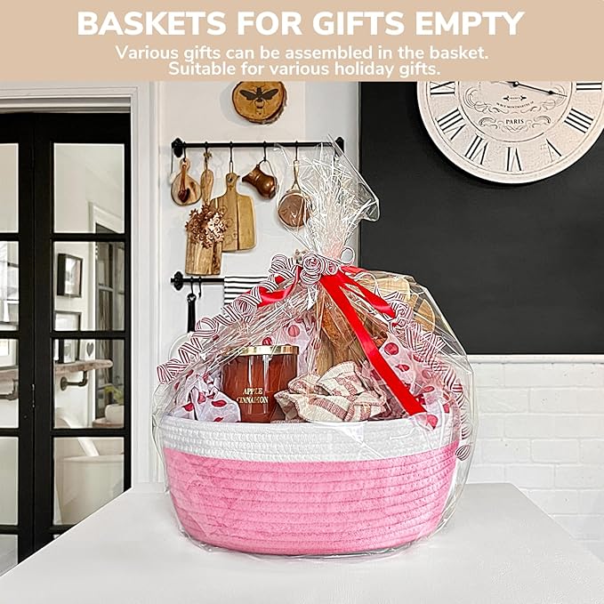 CHICVITA Pink Baskets for Gifts Empty, Easter Basket, Baby Gift Basket for Diapers, Cotton Rope Basket for Decor, 12"x 8"x 5"