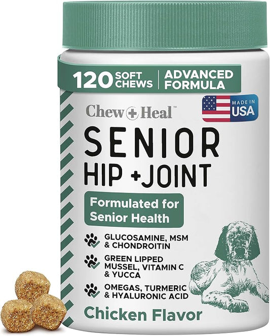 Glucosamine for Dogs Hip and Joint Supplement - 120 Senior Dogs Mobility Soft Chews - Made with Glucosamine, MSM, Chondroitin, Green Lipped Mussels and More - Made in The USA
