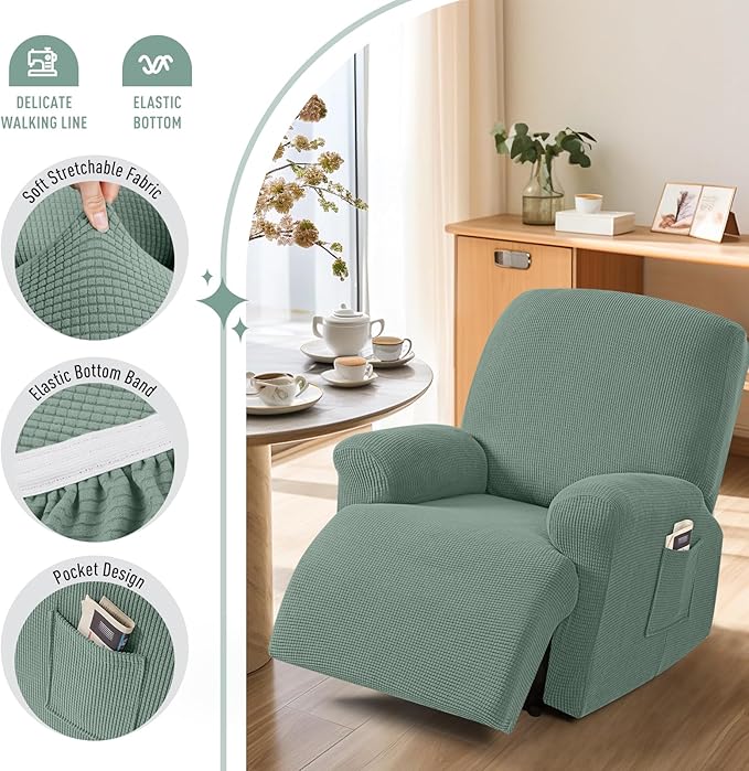 TAOCOCO Recliner Cover 4-Pieces, Recliner Stretch Sofa Slipcover, Recliner Cover 1 Seat, Couch Protector Soft, Furniture Protector Covers with Elastic,Chair Covers Jacquard Pattern (Sage Green)