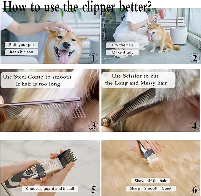 Dog Grooming Kit Clippers, Low Noise, Electric Quiet, Rechargeable, Cordless, Pet Hair Thick Coats Clippers Trimmers Set, Suitable for Dogs, Cats, and Other Pets (Silver)