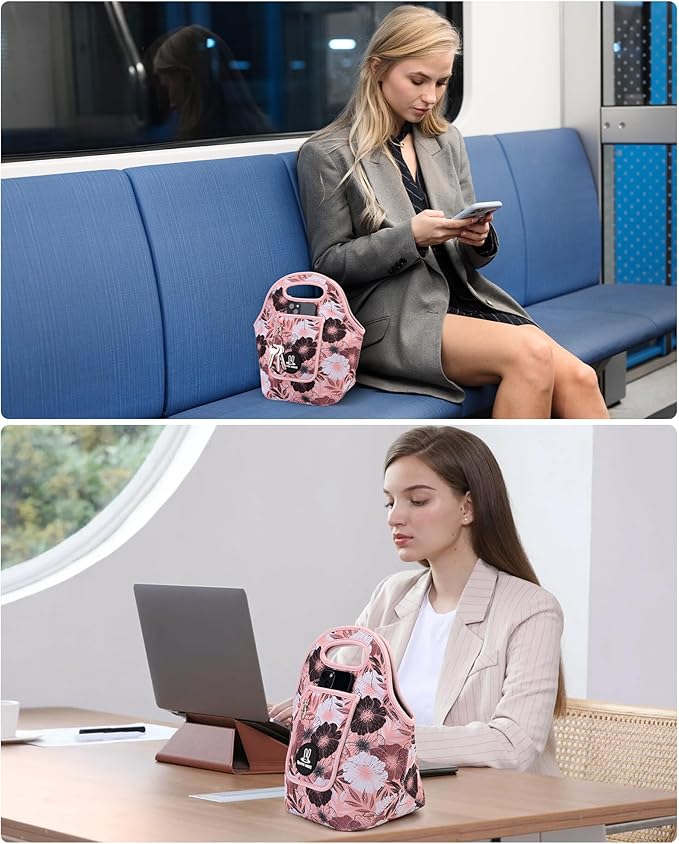 Sports Rabbit Neoprene Insulated Lunch Bag for Women - Front Pocket for Phone&Keys - Reusable, Foldable, Lightweight, Waterproof, Easy to Store & Clean - Ideal for Work, Travel & Picnics (Pink Floral)