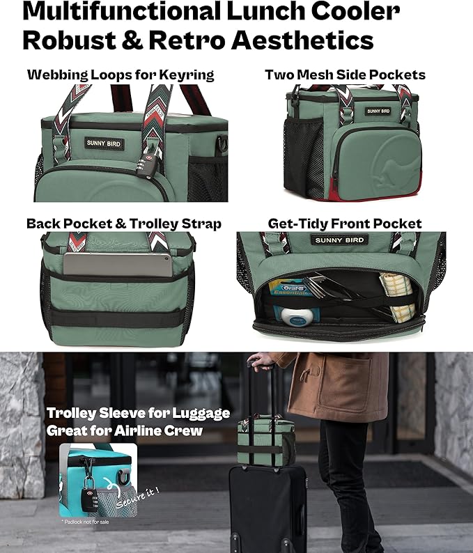SUNNY BIRD 12L Large Insulated Lunch Bag, Foldable Lunch Cooler Box for Women Adult and Men, Fits 18 Cans (Green with Boho Strap)