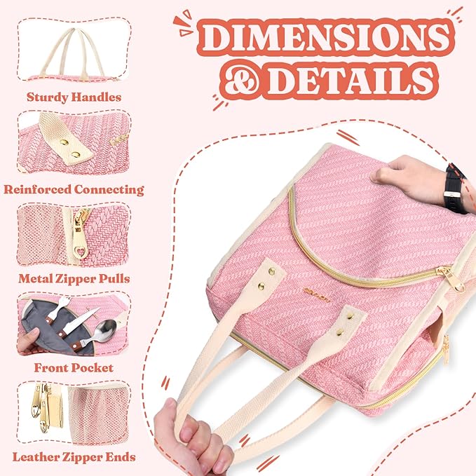 Lunch Bag Women Insulated Lunch Box Wide-Open Lunch Tote Bag Large Drinks Holder Durable Nylon Thermal Snacks Organizer for Men Adults Work Picnic Hiking Beach Fishing, Pink Braid