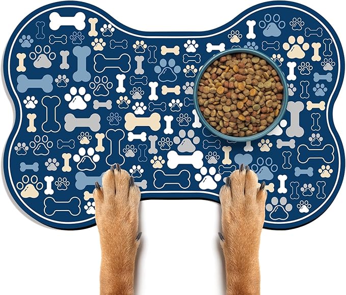 Dog & Cat Food Mat Bone Shaped Pet Feeding Mat Quick Absorb Water Bowl Placemat with Rubber Backing Indoor Floor Stain Resistant Pet Accessory Supplies (Blue, 12x24 Inches)