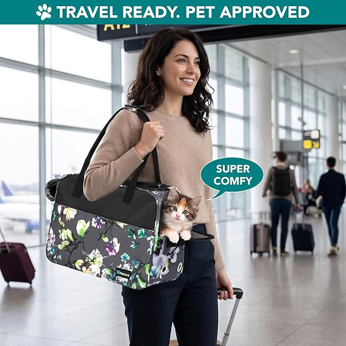 PetAmi Dog Purse Carrier for Small Dogs, Airline Approved Soft Sided Pet Carrier with Pockets, Ventilated Dog Carrying Bag for Puppy Cat, Dog Travel Supplies Bag, Sherpa Bed, Max 12 lbs, Floral Gray