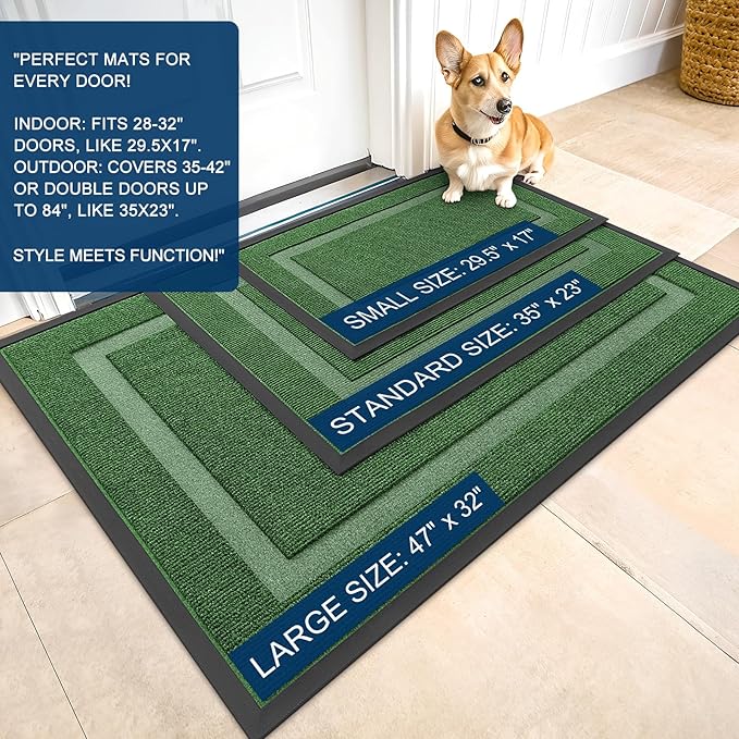OLANLY Front Door Mat Indoor Outdoor Entrance, Waterproof All-Season, All-Weather Doormat, Sturdy Natural Rubber, Fade Resistant, Low Profile, Easy Clean Patio Porch Entryway Mat, 29.5x17, Green