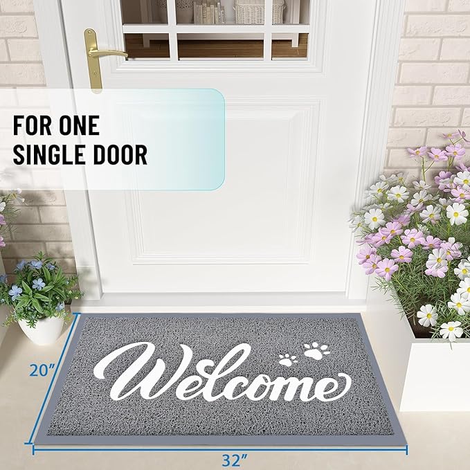 T.HENV Welcome Mat Outdoor, 2 Pack 32x20 Waterproof All-Season Front Door Mat Outside Entrance, All-Weather Quick Drying, Low Profile Doormat Indoor, Patio Porch Entryway Mat, Grey-White