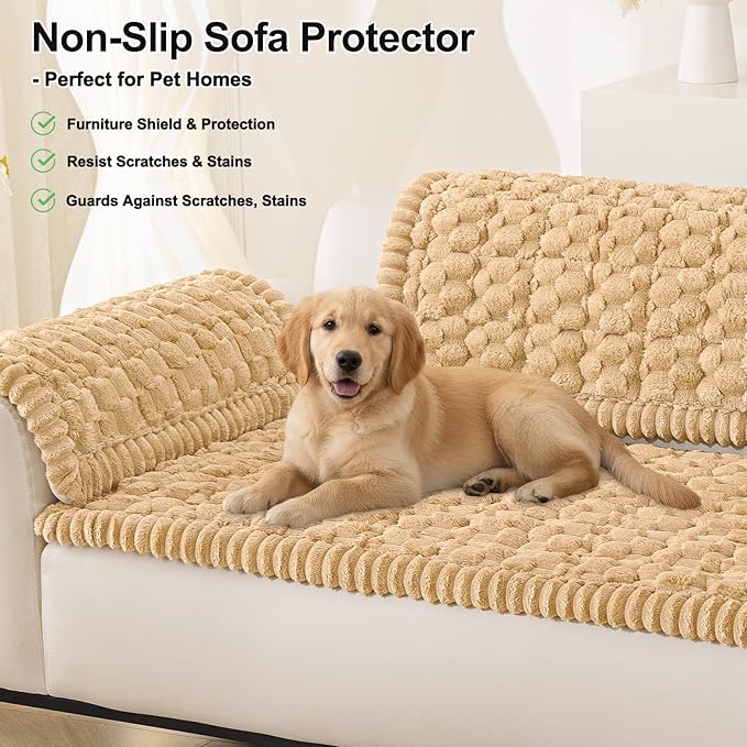 Smiry Pet Couch Cover for 3 Cushion Sofa, Non-Slip Fuzzy Couch Cover for Dogs Washable, Thick Soft Sofa Slipcovers Cushion Protector Pet Friendly (Camel, 27.6" x 88")