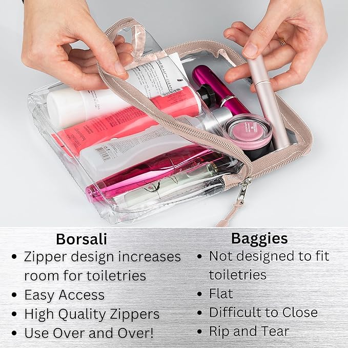 BORSALI TSA Approved Toiletry Bag - Clear Quart Size for 3-1-1 Carry On Travel - Makeup Organizer Cosmetic Pouch with Zipper - Travel Accessories - Taupe