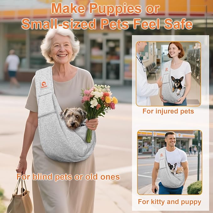 Tomkas Small Dog Sling Carrier - Zipper Pocket & Adjustable Strap - for 3-10 lbs Pets(Gray) Puppy