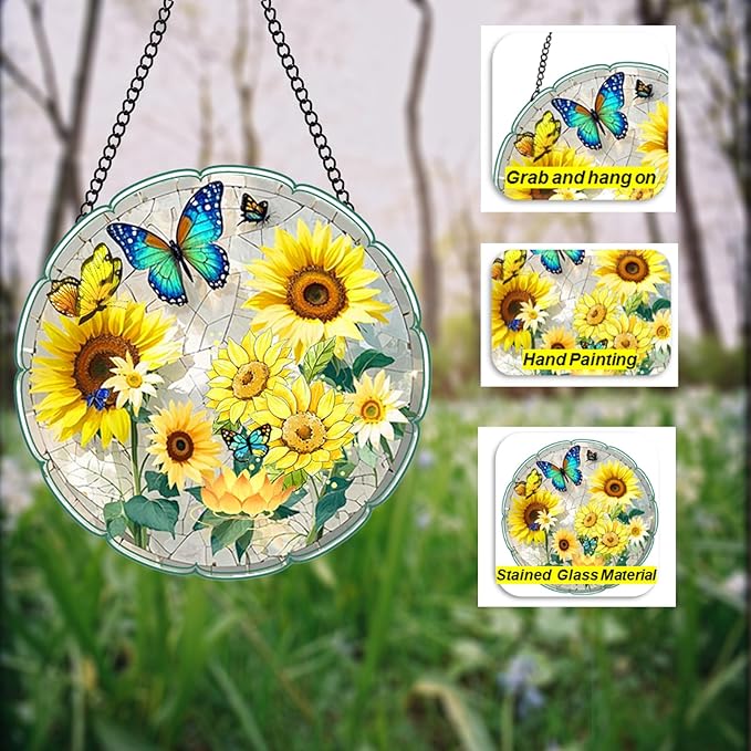Sunflower Suncatcher 8 Inch Stained Glass Window Hanging Diamond Chain Hooks – Indoor/Outdoor Window Wall Art Home Décor -Gift for Women Men Valentine's Day Thanksgiving Ornaments Festival Gifts