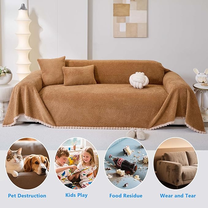 Sherpa Fleece Oversized Couch Cover for 3-4 Cushion Sofa, Brown 71" x 150" - Pet Proof Sofa Covers Heavy Duty Scratch Resistant Pet Friendly Furniture Cover - Easy Install, Machine Washable
