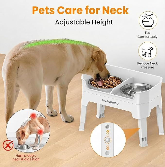 URPOWER 3-in-1 Elevated Dog Bowls - Mess Proof Double Deck 4 Height Adjustable Raised Stand with 2 Stainless Steel Food Bowls & Licking Plate for Small, Medium & Large Dogs