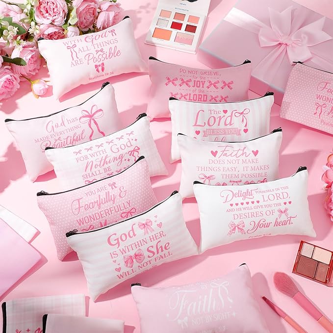 Reginary 20 Pieces Pink Christian Cosmetic Bags Bulk for Women Christmas Coquette Bow Religious Makeup Bags Gifts with Zipper Christian Pouch Toiletry Inspirational Church Party Gifts, 7 x 4.3 Inches