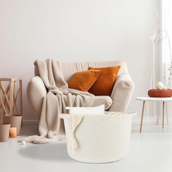 XUANGUO Extra Large Cotton Rope Basket Blankets Basket Living Room 22"x14" Toy Basket for Kids Dogs Rope Storage Basket for Nursery Woven Laundry Basket for Clothes Towels Baby Toy Storage round white