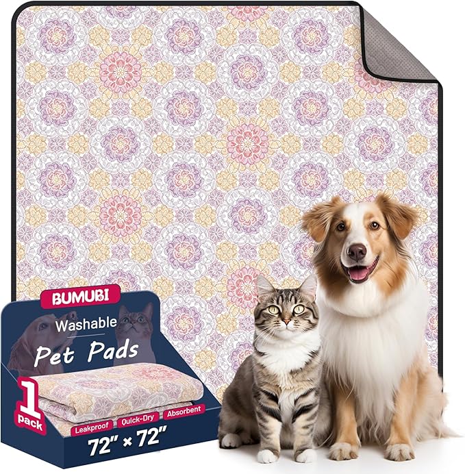 Washable Dog Pee Pads, 72"x72" Reusable Absorbent Dog Pads, Washable, Waterproof & Non-Slip Puppy Pads for Potty Training, Crate, Playpen, Whelping, Mandala Floral Pattern (Pack of 1)