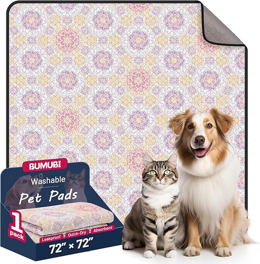 Washable Dog Pee Pads, 72"x72" Reusable Absorbent Dog Pads, Washable, Waterproof & Non-Slip Puppy Pads for Potty Training, Crate, Playpen, Whelping, Mandala Floral Pattern (Pack of 1)