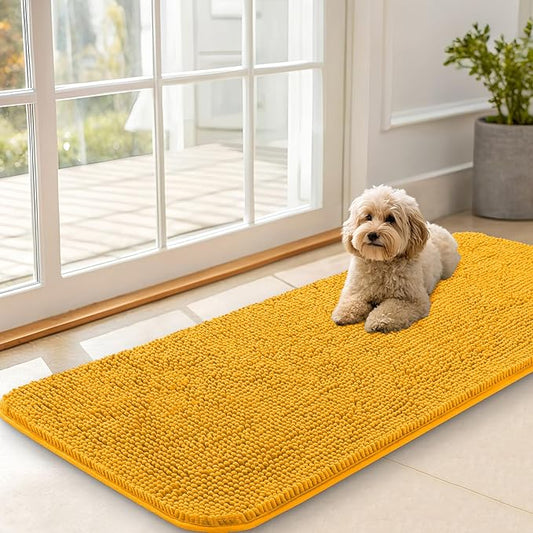OLANLY Dog Door Mat for Muddy Paws 47x20, Absorbs Moisture and Dirt, Absorbent Non-Slip Washable Doormat, Quick Dry Chenille Mud Mat, Entry Indoor Entryway Carpet for Inside Floor, Golden Yellow