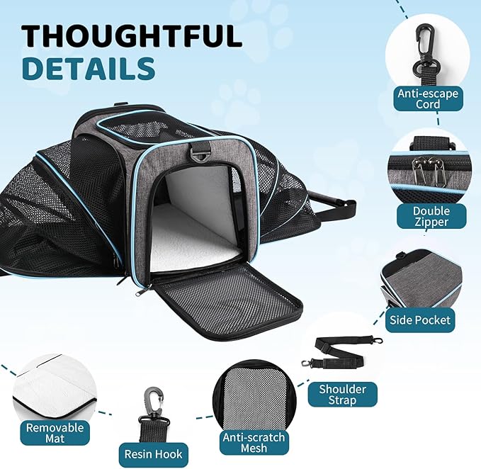 Cat Carrier TSA Airline Approved - Expandable Soft Cat Dog Pet Carrier, Collapsible Pet Travel Bag Carrier with Foldable Pet Bowl for Large Cats Small Medium Dogs for Camping Vet Visiting 17*11*11