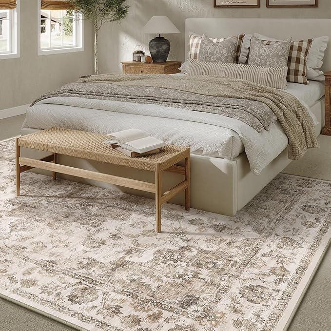 10x12 Neutral Area Rug Brown Vintage Living Room Bedroom Washable Carpet Non-Slip Soft Low Pile Farmhouse Indoor Large Throw Rug for Dining Room Office
