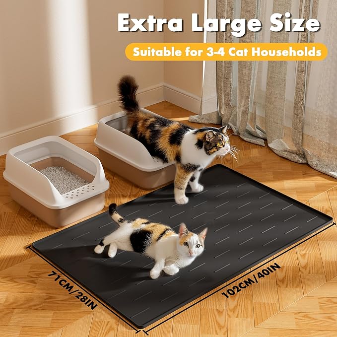 Pieviev Silicone Cat Litter Trapping Mat, 40''x28'' Extra Large Cat Litter Mat, Easy to Clean & Soft on Kitty Paws, Waterproof Kitty Litter Pads for Indoor Cats, Black
