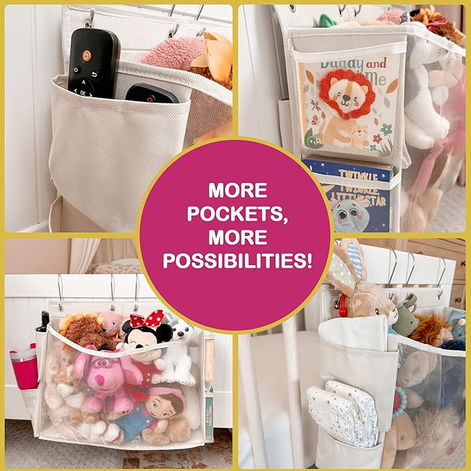 Stuffed Animal Storage | 2 in 1 Bedside and Over the Door Stuffed Animal Organizer | Space-saving Stuffy Holder with Extra Pockets | Kids Toys Hanging Plushie Holder with Reinforced Sides | Bed caddy