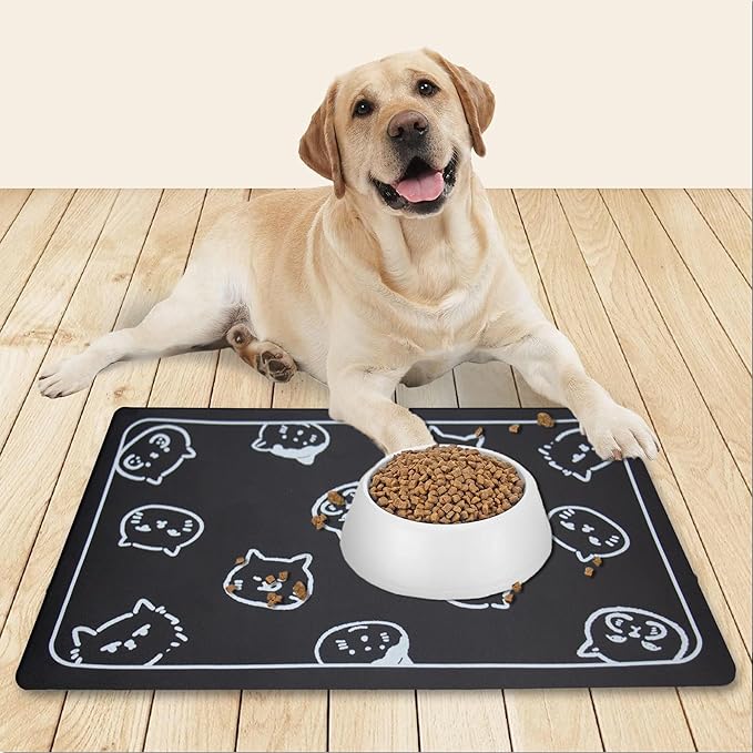 YCT Cat Food and Water Mat for Pets - Non Slip Super Absorbent Dog Bowl Mat, with Multiple Cat Heads Logo - 24 x 16.9 Inches, Dark Gray