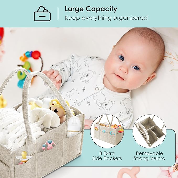 HIPHOP PANDA 2-Pack Diaper Caddy Organizer - Nursery Storage Bin & Car Organizer for Diapers, Wipes, and Baby Essentials - Dual-Color Solid Set (Grey/Oatmeal), Large Size
