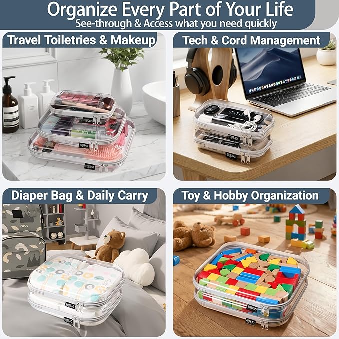 YQBRAO 4-Pack Clear Hard Shell Zipper Case, 1.2mm Ultra-Thick Diaper Bag Organizer Pouches, Rigid Self-Standing Travel Makeup Bags with YKK Zippers, TSA Approved, Gray
