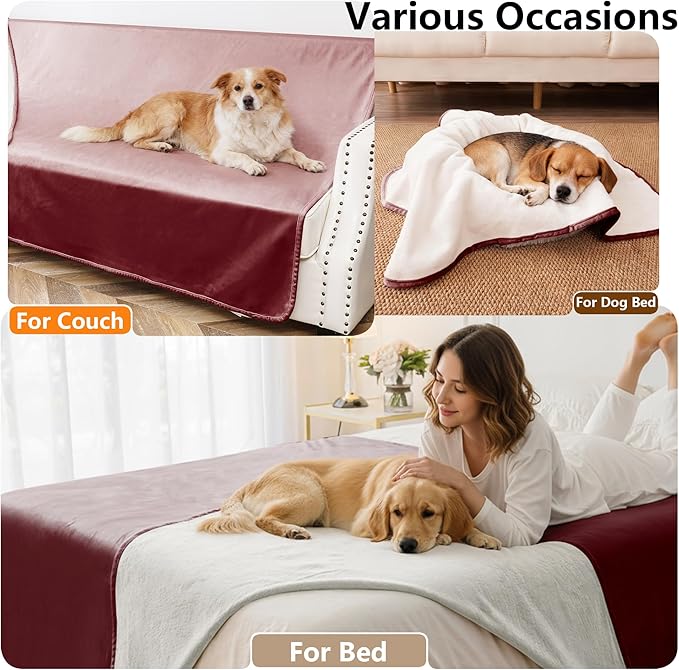 Tuffeel Waterproof Blanket for Bed King Size, Leak Proof Dog Couch Blankets Reversible, Pet Throw Sofa Furniture Protector Machine Washable-82 x108,Burgundy Red+Cream