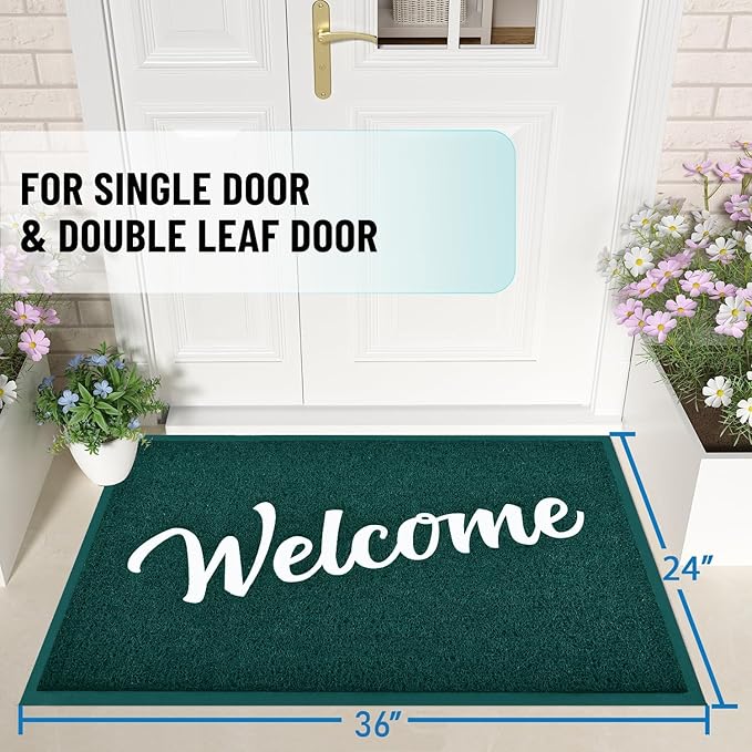 T.HENV Welcome Mat Outdoor Indoor, 36x24, Green-White, Waterproof, Non Slip, Easy Clean