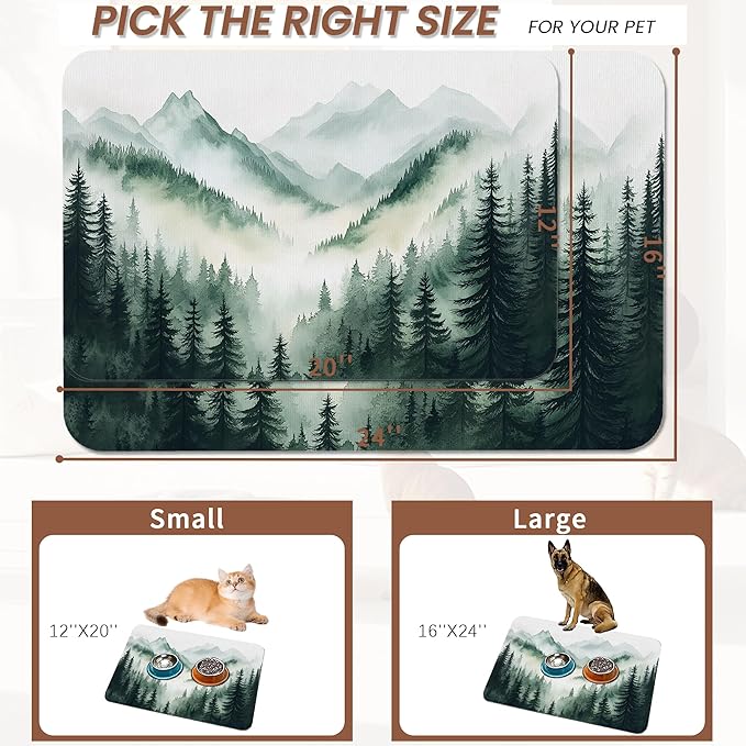 Misty Forest Mountain Dog Food Mat for Floors,Absorbent Quick-Dry Pet Feeding Mat,Cat Dog Bowl Mats for Food and Water,Non-Slip Pet Accessories Supplies 12"x20"