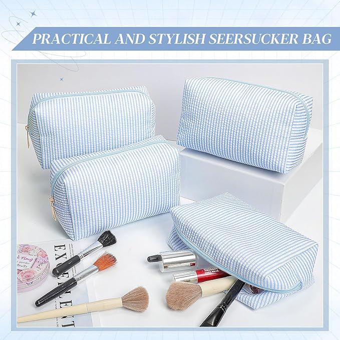Sanwuta 6 Pcs Seersucker Cosmetic Bags Bulk Seersucker Makeup Bags Stripe Women Pouch Large Preppy Storage Pouch Toiletry Travel Organizer for Wedding Bridesmaid Bride Favor Mom Gift (Blue)