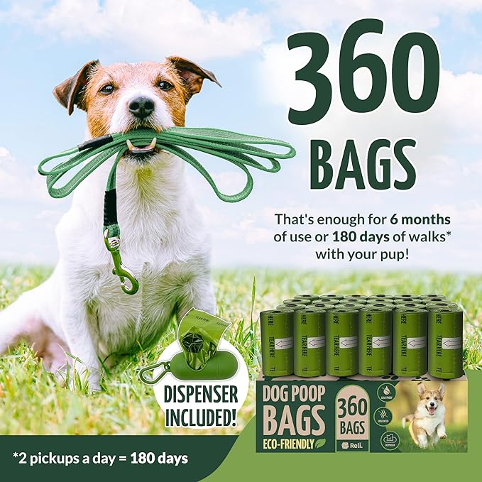Reli. Biodegradable Dog Poop Bags w/Holder (360 Count - 24 Rolls) | 9x13" Large Dog Bags for Poop w/Dispenser | Green Eco-Friendly | Oxobiodegradable Pet Waste Disposal Refills (Unscented) (Pack of 2)
