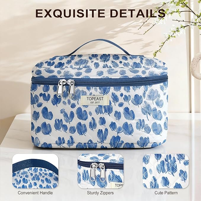 TOPEAST Christmas Gifts for Women Girls - 3Pcs Makeup Bag Large Cotton Travel Make Up Bags, Cute Quilted Floral Cosmetic Organizer Potable Brushes Toiletry Bag Set, Blue Floral