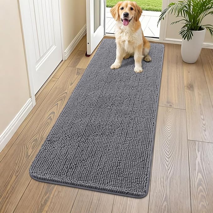Smiry Dog Door Mat for Muddy Paws 54x24, Absorbs Moisture and Dirt Doormat, Non-Slip Washable Quick Dry Chenille Front Door Mat Indoor Entrance, Entryway Carpet for Inside Floor, Dark Grey