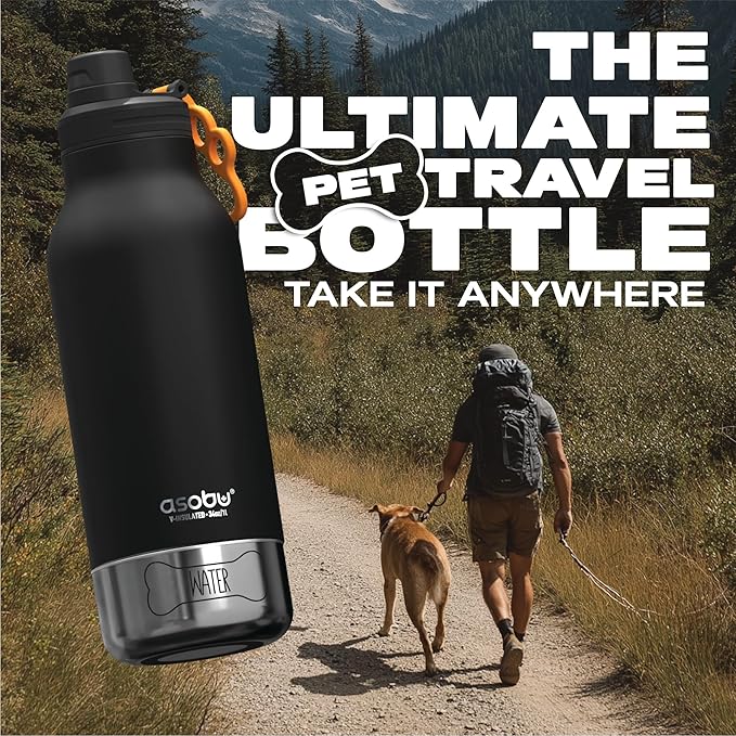 asobu Dog Barky Bottle – Insulated Stainless Steel Water Bottle with 2 Removable Dog Bowls for Food, Treats & Water – Pet-Friendly Travel Bottle for Hiking, Road Trips & Outdoor Adventures