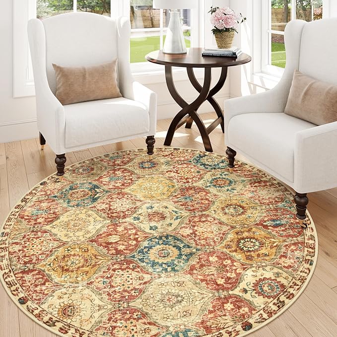 Lahome Moroccan Trellis Round Area Rugs, Washable Small Round Rug 3ft Non-Slip, Soft Vintage Ultra-Thin Circle Carpet for Bedroom Entryway Kitchen Laundry Bathroom Elise, Red/Orange