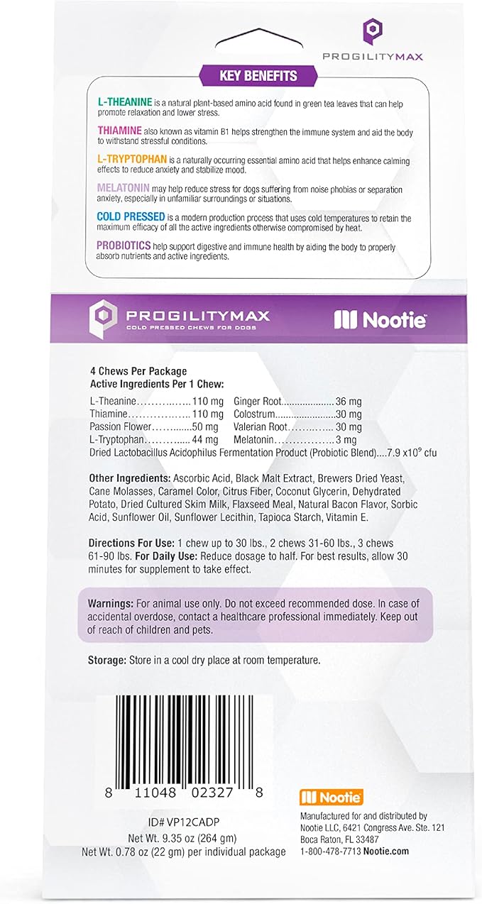 Nootie ProgilityMAX Calming Aid Chews for Dogs, Maximum Strength Calming Support for Dogs with Melatonin, 12 Single-Serve Bars, 4 Chews Per Bar