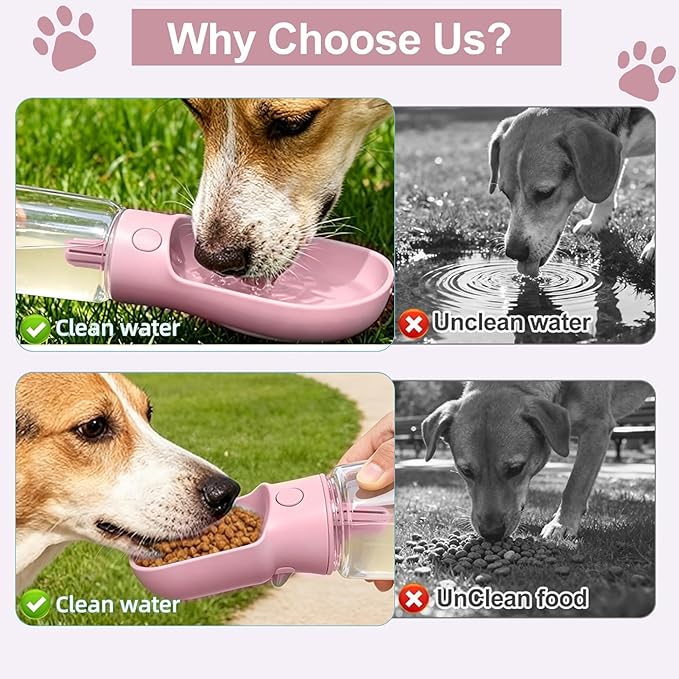 Dog Water Bottle with Food Container, Leak Proof Portable Pet Dispenser with Lock and Cleaning Brush,Dogs Stuff Water Bottle for Walking Hiking,Travel (Pink)