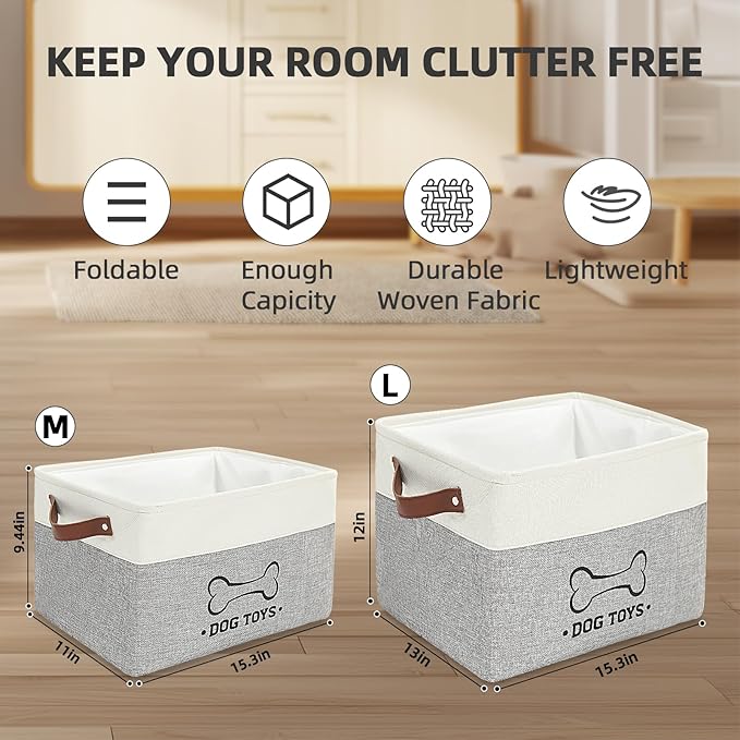 Homimp Dog Toy Basket, Dog Toy Bin Box with Comfortable Handles and Cover, Collapsible Large Pet Toy Storage Organizer for Accessories, Toys, Coat & Clothing, Blanket & Leash, Gray, 15"x13"x12"